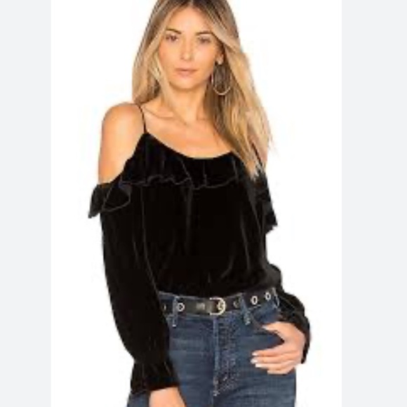NWT JOIE ALYSE LUXE VELVET COLD SHOULDER RUFFLE LONG SLEEVE TOP CAVIAR - Picture 1 of 12